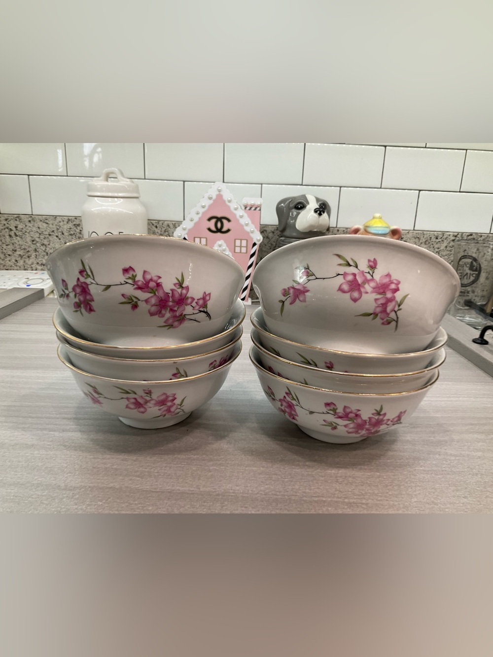 VINTAGE EIGHT CHERRY BLOSSOM 6” CHINA BOWLS GOLD RIMMED